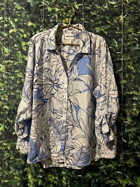 Halston Heritage White Linen Shirt with Blue Floral Print